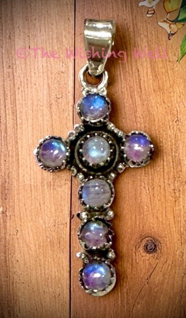 Natural Rainbow Moonstone Religious Cross Pendant 1.5”